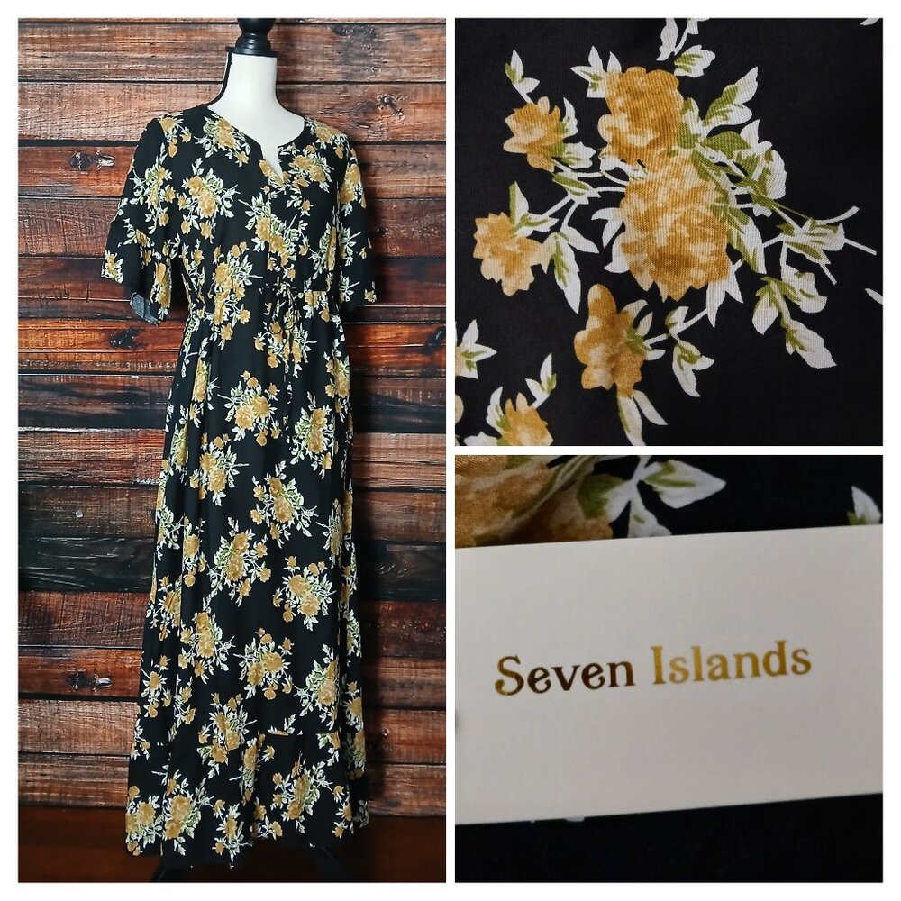 NWT Seven Islands Maxi Dress M Oversized Black Floral Rayon Drawstring Waist